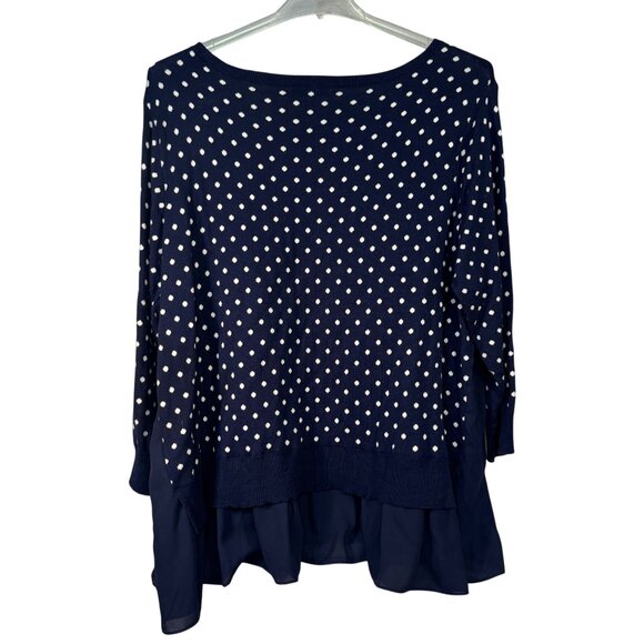 Chaps Size 3X Navy & White Polka Dot Chiffon Hem Sweater - Picture 3 of 4